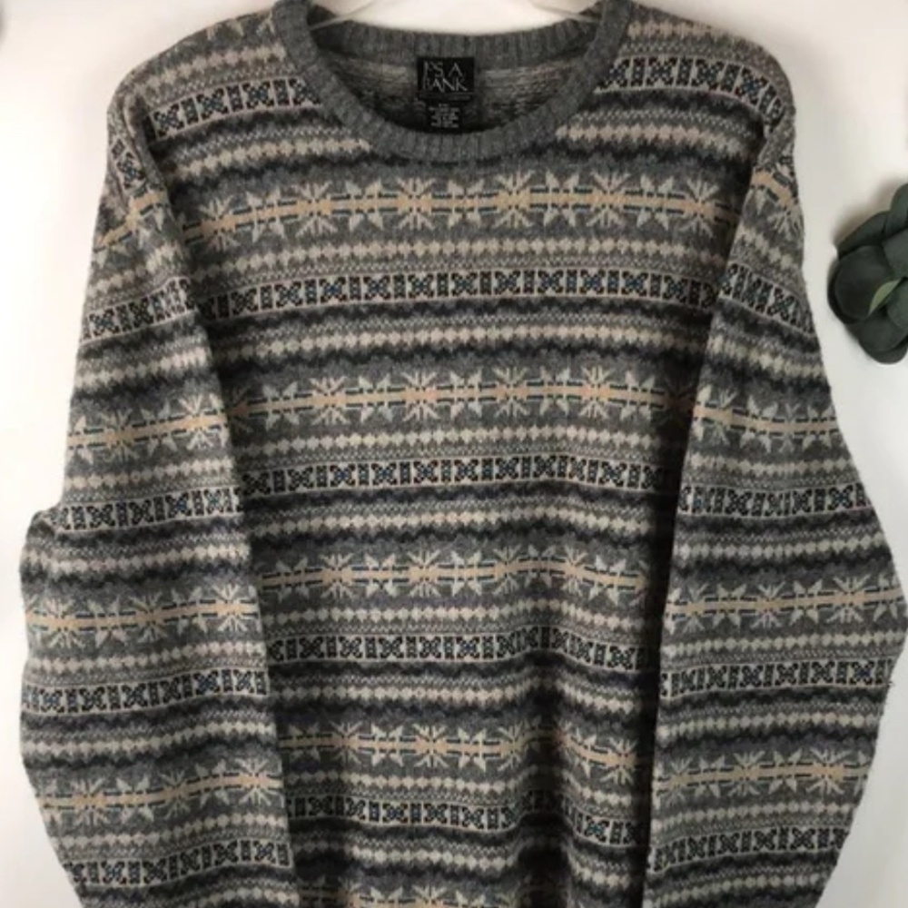 Big&Tall Jos A Bank FairIsle Nordic Xmas Gray Lambswool Crew Sweater szXXL NWT